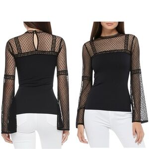Halogen Lace Mesh Mock Ruffle Neck Swiss Dot Split Back Long Sleeve Top Black XS